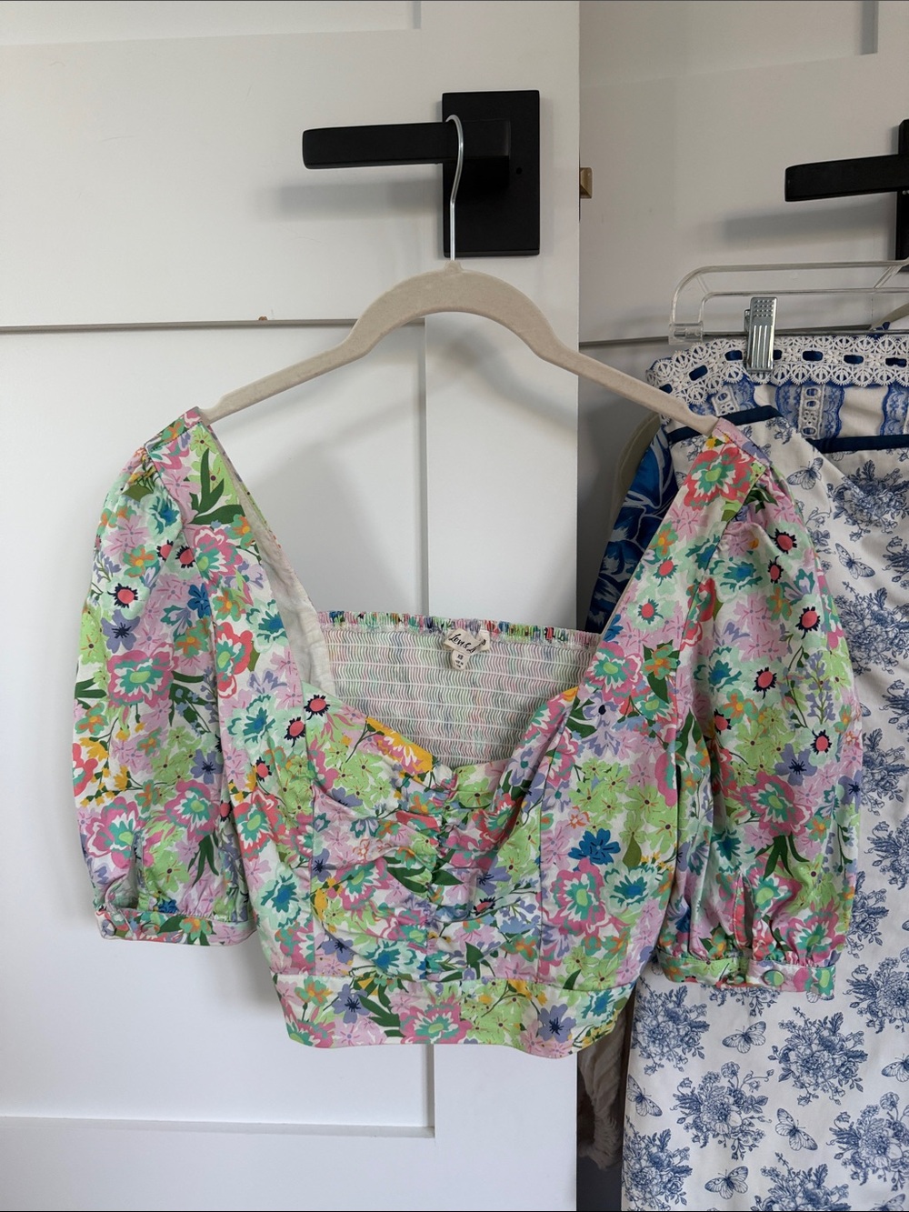 For Love & Lemons Pastel Floral Puff-Sleeve Crop Top - Pink, Green, Lilac
